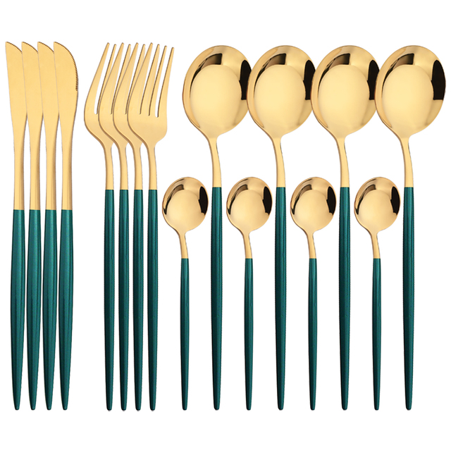 16Pcs Green Gold Dinnerware St - مراجعة Kitchen Gadgets Green وسعره